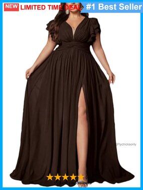 Plus Size A-Line Formal Gown V-Neck Ruffle Sleeve High Slit Bridesmaid Dress